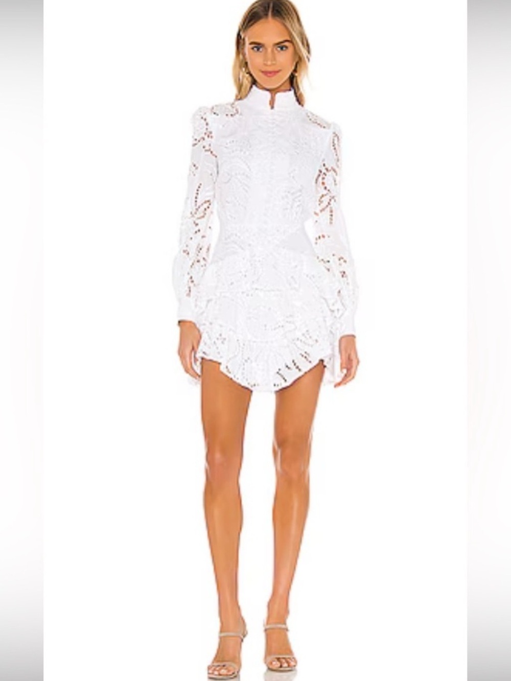 White Lace High-Neck Long-Sleeve Mini Dress